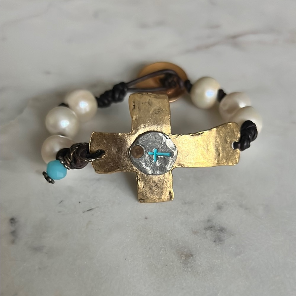 Gold and Pearl Cross Bracelet